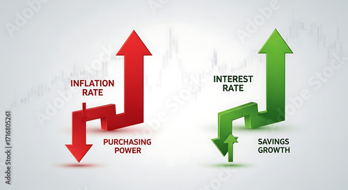 Red inflation rate arrow and green interest rate arrow on a white background financial concept