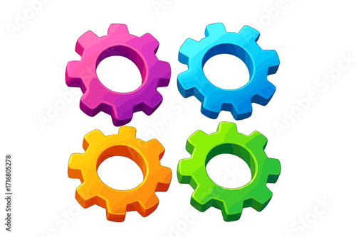 Colorful 3D gear icons set. Modern gradient cartoon illustration. Cogs for settings, options, or system process. Teamwork and collaboration concept vector isolated.
