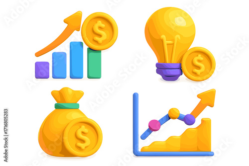 3D finance icons set. Business growth chart, money bag, dollar coin, and idea lightbulb. Vector cartoon for investment, profit, market analysis, and financial success concept.