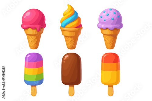 Colorful 3D ice cream set with cones and popsicles. Vector cartoon collection of frozen dessert treats. Summer food illustration with chocolate, rainbow and fruit ice cream.