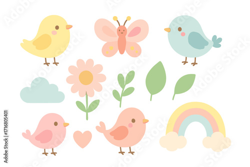 Cute cartoon birds and nature elements set. Vector flat design illustration in pastel colors. Collection with bird, butterfly, flower, rainbow for baby shower, kids, nursery.