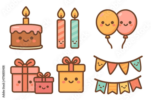 Cute kawaii birthday party icon set. Vector collection with smiling cake, gift boxes, balloons, candles and bunting decoration. Adorable cartoon character elements for celebration design.