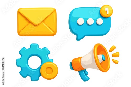 Modern 3D vector icons for communication and marketing. Glossy email, chat message notification, settings cog, and promotion megaphone. Isolated cartoon illustration set.