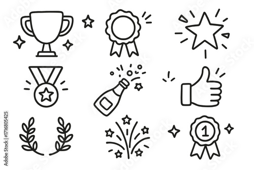 Doodle achievement icons set. Linear style celebratory symbols and awards collection. Vector cartoon illustration of success, victory, trophy, medal, first place prize and star.