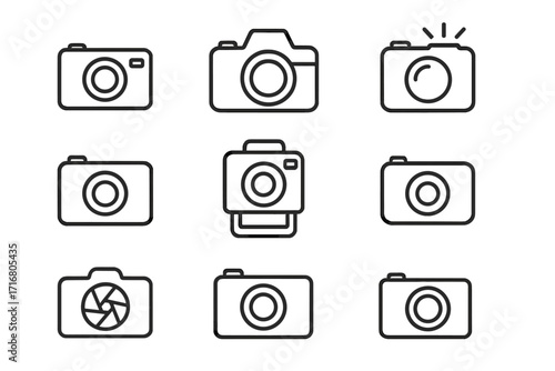 Camera icon collection. Minimalist black line art for photography design. Vector set. Photo camera equipment symbols. Digital, dslr, flash, instant, aperture pictogram.