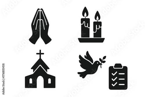 Faith and religion icon set with praying hands, candles, church, dove of peace, and funeral checklist. Spiritual vector silhouette symbols for prayer, worship, or memorial service.