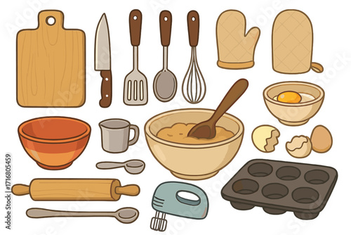 Big set of kitchen utensils for cooking and baking. Vector cartoon icons of culinary equipment like rolling pin, mixer, whisk, bowl, eggs, and muffin tin for food prep.