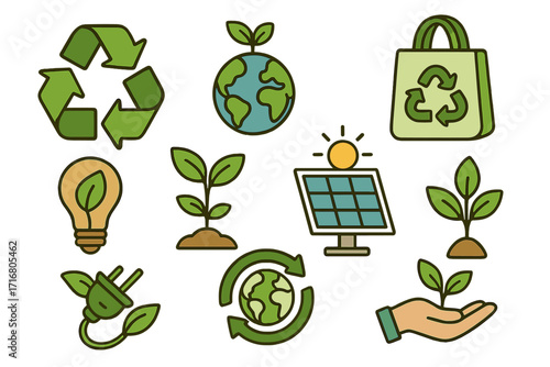 Eco friendly icon collection with recycling symbol, planet Earth, solar panel, and plant sprout. Vector set for sustainability, green energy, conservation, and environment care.