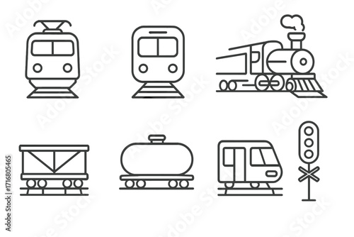 Train icon set. Collection of railway transport icons. Line art style. Locomotive, steam train, freight wagon, passenger car, public transport, metro, subway, tram vector icons.