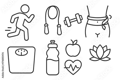 Fitness activities for weight management icon set. Simple line art of exercise and wellness symbols. Vector concept for healthy lifestyle, diet, workout, and weight loss.