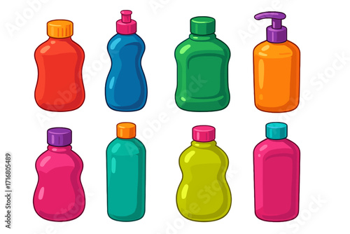 Colorful plastic bottles vector collection. 3D cartoon illustration set of vibrant containers for shampoo, soap, gel or drink. Packaging design mockup template isolated.