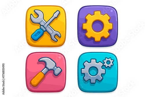 Colorful 3d app icons with tools and settings symbols. Digital interface design elements. Vector cartoon illustration of a hammer, wrench, and gear buttons for a game or app.