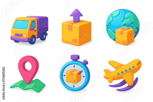 Delivery 3D icon set. Logistics and shipping symbols for e-commerce. Vector graphics for transport, cargo, online shopping, worldwide shipping, and express delivery service.