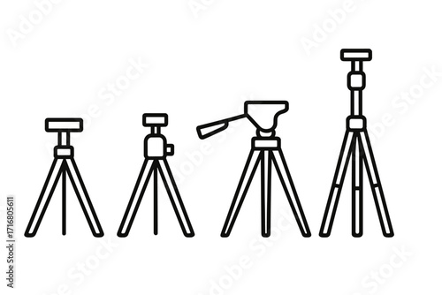 Tripod line art collection. Vector icon set of camera stands for photography and video. Minimalist black professional equipment illustration for creative projects. Studio gear.