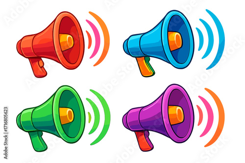 Colorful 3d megaphones vector set with sound waves. Cartoon loudspeaker illustration for announcement, promotion, marketing. Communication and alert symbol. Loud voice icons.