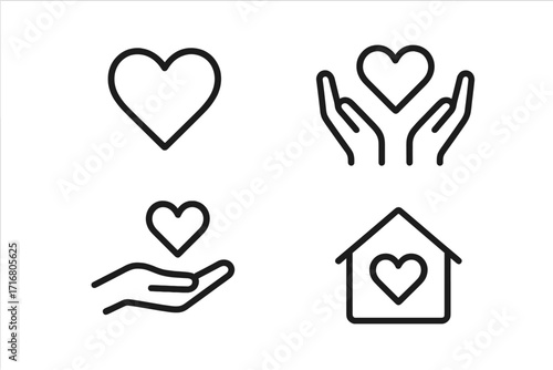 Charity and care icon set. Love, donation, and volunteering symbols. Minimalist line art vector. Heart in hands, safe home, and support concepts. Philanthropy and social work.
