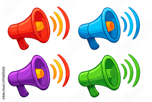Colorful 3d megaphones set with vibrant sound waves. Vector cartoon illustration for marketing promotion. Loudspeaker icon collection for announcement, alert and communication.