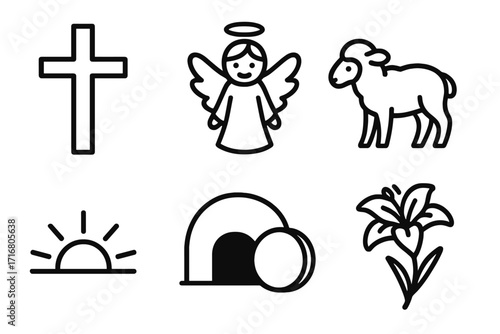Christian symbols icon set for Easter. Minimalist line art vector illustration. Includes cross, angel, lamb of God, empty tomb, resurrection sunrise, and lily flower.