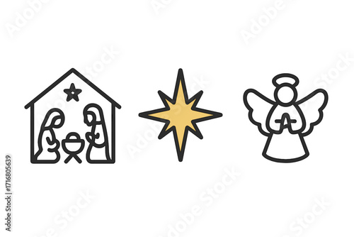 Christian Christmas icons with nativity scene, angel, and Bethlehem star. Religious symbols of Jesus' birth. Holy family, Mary, Joseph. Minimalist vector line art for design.