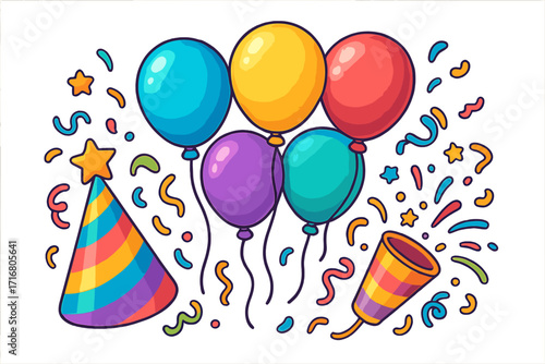 Colorful cartoon party celebration elements set. Vector illustration with balloons, confetti, party popper, and festive hat. Isolated birthday and carnival decoration design.