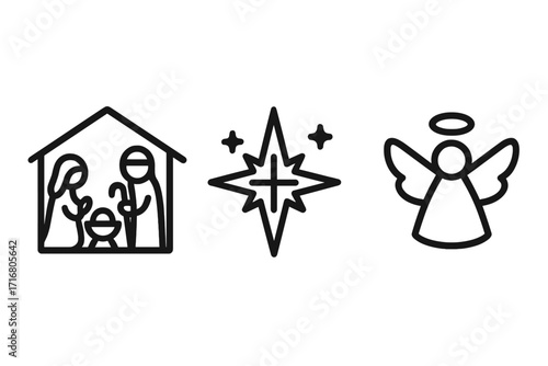 Nativity scene Christmas icon set. Vector line art of holy family, baby Jesus in manger, Mary, Joseph, Star of Bethlehem, angel. Christian religious holiday symbols.