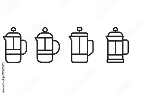 Minimalist coffee press icons set. Diverse french press designs for brewing coffee. Vector line art illustration. Simple black outline symbols for cafe, barista, kitchenware.
