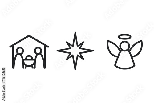 Christmas nativity scene icon set. Minimalist line art symbols of Jesus in a manger, Mary, Joseph, the Star of Bethlehem, and an angel. Christian religious vector illustration.