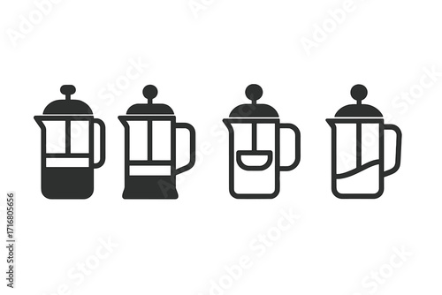 French press coffee maker icon set. Minimalist vector illustration of cafetiere or plunger pot for brewing. Simple black pictogram symbols for coffee shop menu or app.