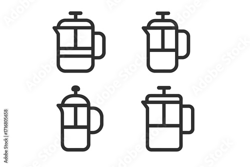 Set of French press line icons. Minimalist vector illustration of coffee makers for brewing. Cafetiere and plunger pot symbols for cafe, barista, and beverage concepts.