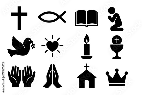Christian icons set of faith and worship symbols. Minimalist religion silhouette collection. Vector graphic of cross, bible, prayer, dove, church, communion, and peace.