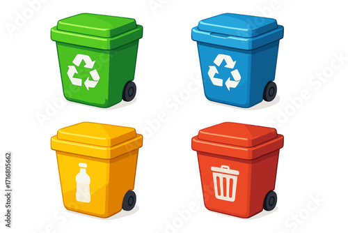 Colorful 3d trash bin icons for recycling and waste management. Vector cartoon illustration of separate containers for garbage sorting. Ecology and environment concept.