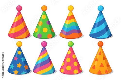 Set of cartoon party hats for birthday celebrations. Colorful 3d vector icons with fun patterns. Isolated cone caps collection for anniversary, holiday and carnival design.