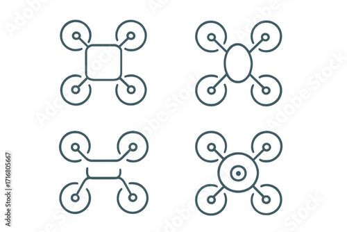 Drone icon set. Minimalist quadcopter line art symbols. Vector collection for modern technology, aerial photography, surveillance and delivery concepts. Sleek linear design.