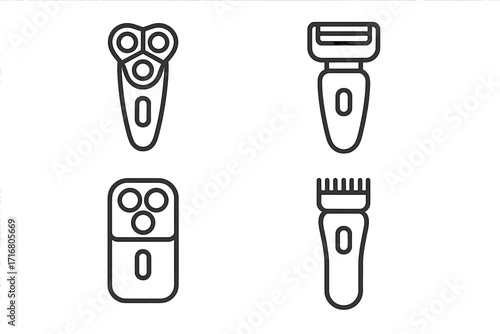 Electric shaver and trimmer line icon set. Minimalist grooming tools for men's care. Vector illustration of razor, clipper, and shaving machine for hygiene and beauty.