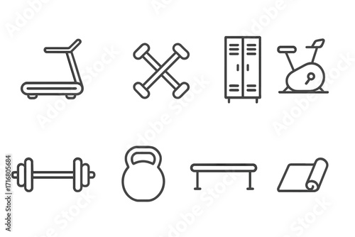 Gym and fitness icon set. Vector line art icons for workout and sport. Minimalist symbols collection including treadmill, dumbbell, barbell, kettlebell, locker, and yoga mat.