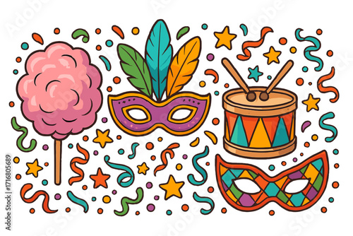 Carnival party elements set. Vector cartoon illustration of festival masks, drum, and cotton candy. Festive celebration icons with confetti for masquerade or fair design.