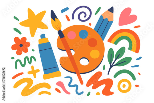 Artistic tools and creative doodles. Vector illustration set with paint brush, palette, pencil for drawing. Art, hobby, and school craft supplies. Colorful abstract shapes.