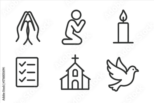 Set of Christian faith and religion line icons. Praying hands, kneeling person, church, candle, and dove of peace symbol. Spiritual worship and prayer vector illustration.
