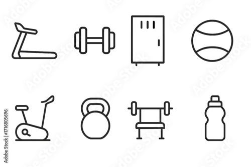 Gym and fitness icon set. Minimalist linear style vector icons of workout equipment. Includes treadmill, dumbbell, locker, kettlebell, exercise bike, and bench press.