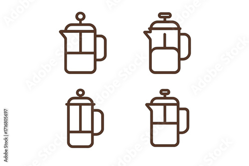 Minimalist french press line icon set. Coffee press vector outline symbols. Simple coffee maker collection for cafe menu or kitchen utensil graphic design element. Brewing equipment illustration.