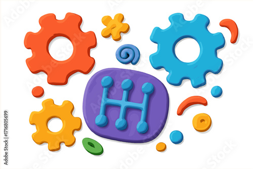 Colorful clay style gears and shift pattern set. Vector icons for manual transmission, gearbox and car mechanics. Playful 3D plasticine cogwheels and design elements.