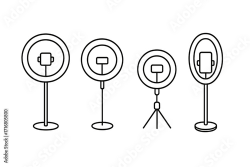 Ring light line art set for content creation. Vector icons of phone holder on tripod and stand. Minimalist illustration for vlogging, streaming, selfie, and beauty videos.