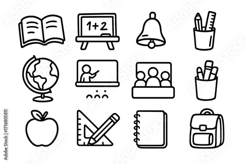 Education doodle line icon set. Back to school supplies and teaching elements. Vector cartoon illustration of classroom objects for learning, study, knowledge and science.