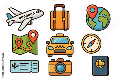 Travel and tourism icon set for vacation and journey. Collection of vector flat design elements. Airplane, passport, map, luggage, camera, taxi, compass and ticket symbols.