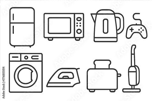 Household appliances line art icon set. Home electronics and kitchen equipment collection. Vector outline symbols of refrigerator, washing machine, microwave, iron, toaster.
