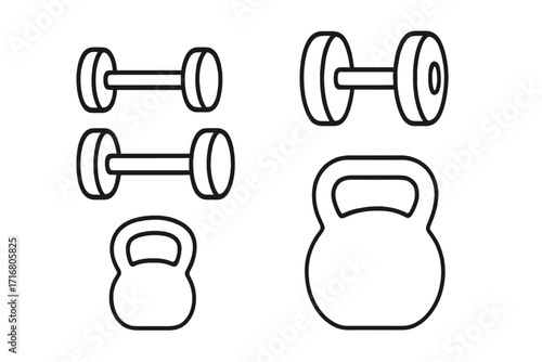 Dumbbell and kettlebell line icon set for fitness and gym. Workout equipment vector illustration. Bodybuilding and weightlifting symbols. Minimalist black outline design.