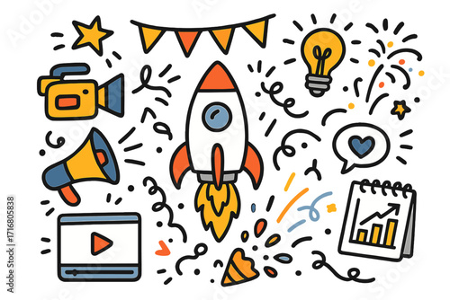 Product launch celebration doodle set. Startup business rocket metaphor. Digital marketing media concept. Success and growth idea. Vector cartoon illustration elements.