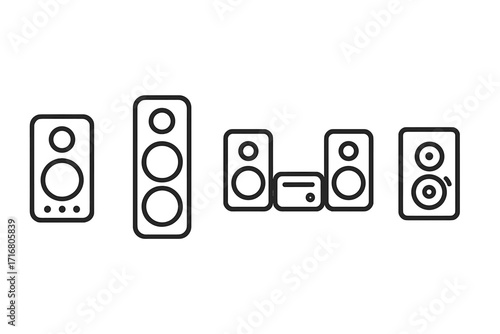 Speaker icon set. Audio sound system symbols. Vector line art illustration of stereo music equipment. Minimalist home theater, woofer and tweeter pictogram collection.