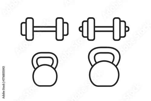 Dumbbell and kettlebell line icon set for fitness and gym design. Vector illustrations for workout, weightlifting, and exercise concepts. Minimalist strength training symbols.