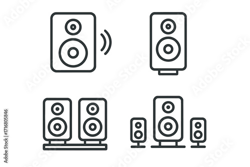Minimalist linear speaker icons for modern audio systems. Vector illustration set. Sound equipment, stereo speakers, subwoofer, home theater symbols. Line art pictogram.